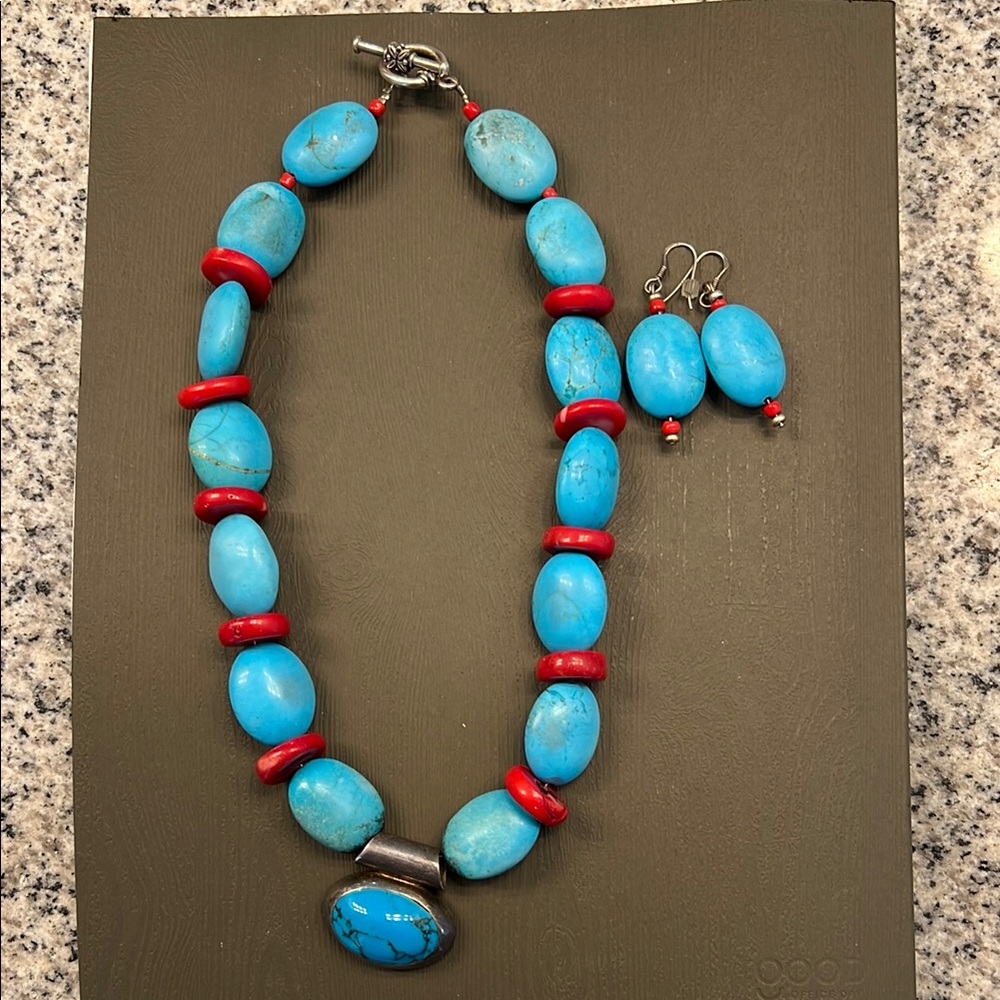 Turquoise and Red Beaded Necklace Set